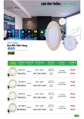 Đèn led panel âm trần MPE seri RPL viền vàng 7W, 9W, 12W ánh sáng trắng và 3 chế độ