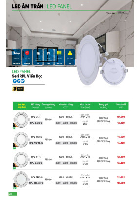 Đèn led panel âm trần MPE seri RPL viền bạc 7W, 9W, 12W ánh sáng trắng và 3 chế độ