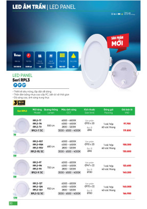 Đèn led panel âm trần MPE seri RPL3 7W, 9W, 12W ánh sáng trắng, trung tính, vàng và 3 chế độ