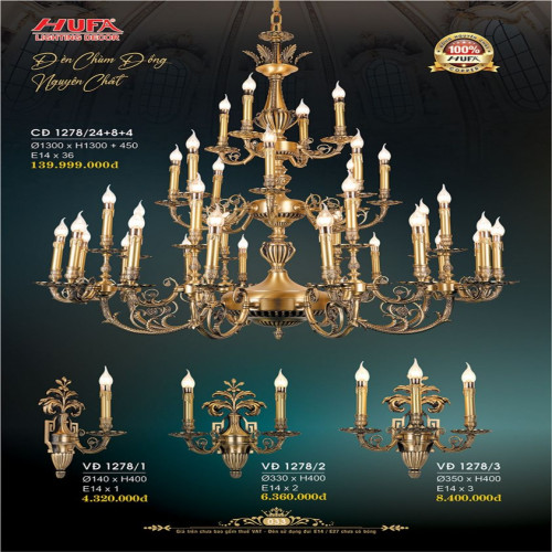 Đèn chùm đồng Hufa CĐ 1278/24+8+4, VĐ 1278/1, VĐ 1278/2, VĐ 1278/3