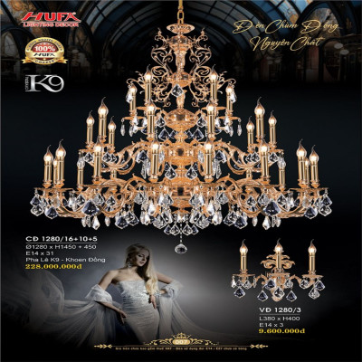 Đèn chùm đồng Hufa CĐ 1280/16+10+5, VĐ 1280/3