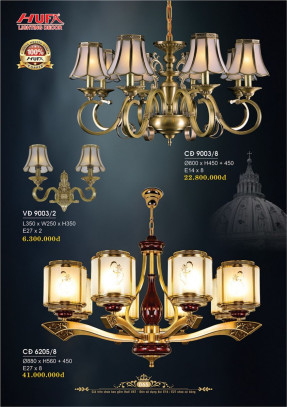 Đèn chùm đồng Hufa CĐ 9003/8, CĐ 6205/8, VĐ 9003/2