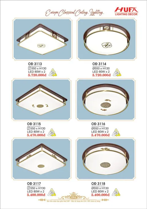 Đèn ốp trần đồng Hufa OĐ 3113, OĐ 3114, OĐ 3115, OĐ 3116, OĐ 3117, OĐ 3118