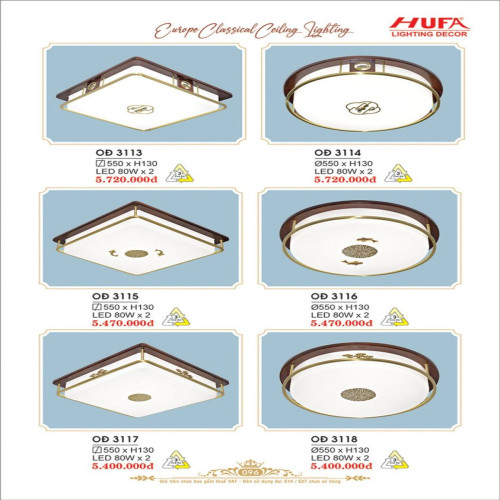 Đèn ốp trần đồng Hufa OĐ 3113, OĐ 3114, OĐ 3115, OĐ 3116, OĐ 3117, OĐ 3118