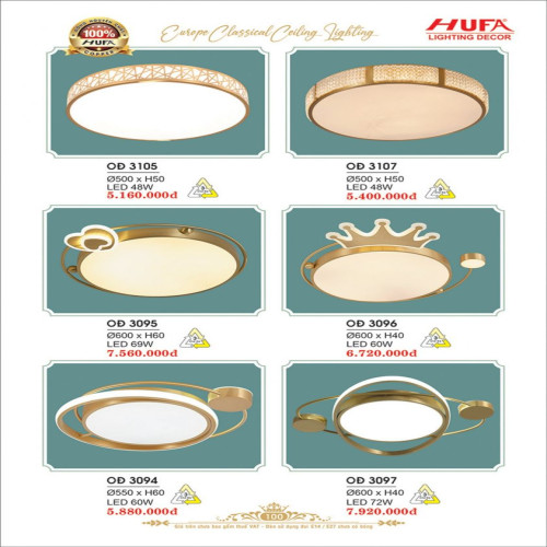 Đèn ốp trần đồng Hufa OĐ 3105, OĐ 3107, OĐ 3094, OĐ 3095, OĐ 3096, OĐ 3097