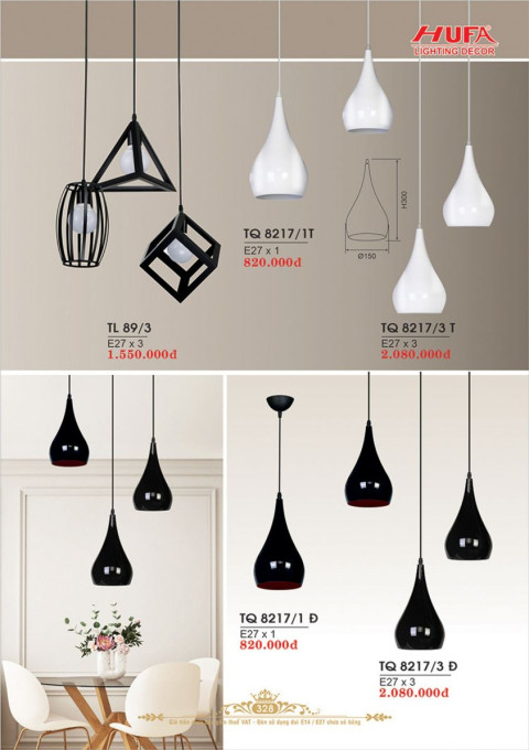 Đèn thả quày bar Hufa TL 89/3, TQ 8217/1T, TQ 8217/3T, TQ 8217/1Đ, TQ 8217/3Đ