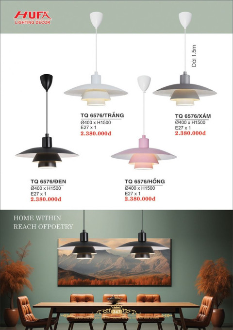 Đèn thả quày bar Hufa TQ 6576/TRẮNG, TQ 6576/XÁM, TQ 6576/ĐEN, TQ 6576/HỒNG
