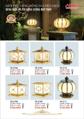 Đèn trụ cổng đồng năng lượng mặt trời Hufa TĐ 2106, TĐ 2107, TĐ 2108, TĐ 2109, TĐ 2110, TĐ 2111