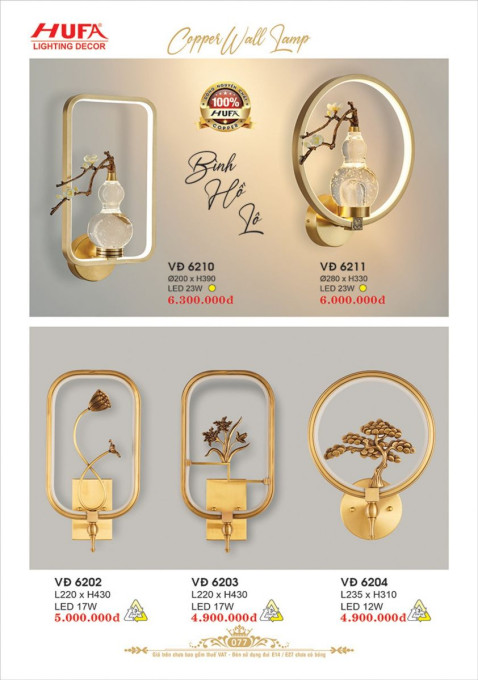 Đèn vách đồng Hufa VĐ 6202, VĐ 6203, VĐ 6204, VĐ 6210, VĐ 6211