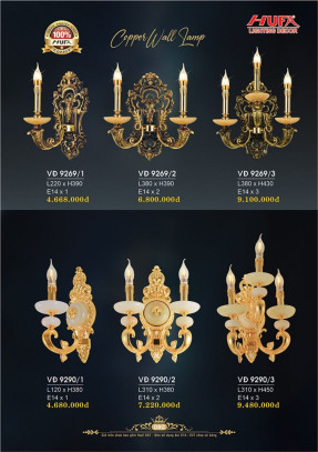 Đèn vách đồng Hufa VĐ 9269/1, VĐ 9269/2, VĐ 9269/3, VĐ 9290/1, VĐ 9290/2, VĐ 9290/3
