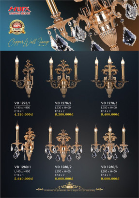 Đèn vách đồng Hufa VĐ 1278/1, VĐ 1278/2, VĐ 1278/3, VĐ 1280/1, VĐ 1280/2, VĐ 1280/3