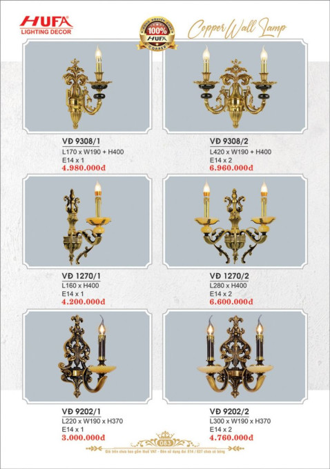 Đèn vách đồng Hufa VĐ 9202/1, VĐ 9202/2, VĐ 1270/1, VĐ 1270/2, VĐ 9308/1, VĐ 9308/2