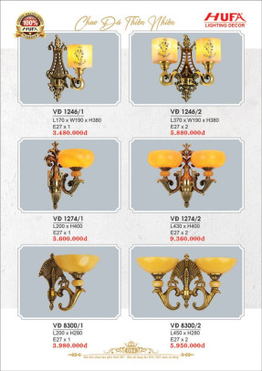 Đèn vách đồng Hufa VĐ 1246/1, VĐ 1246/2, VĐ 1274/1, VĐ 1274/2, VĐ 8300/1, VĐ 8300/2
