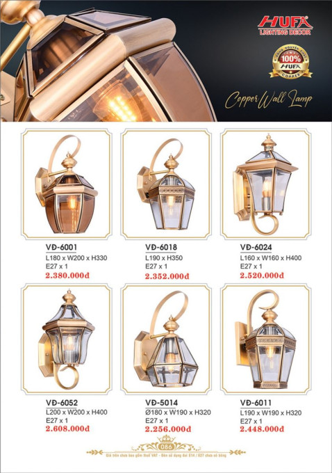 Đèn vách đồng Hufa VĐ 5014, VĐ 6052, VĐ 6011, VĐ 6001, VĐ 6018, VĐ 6024