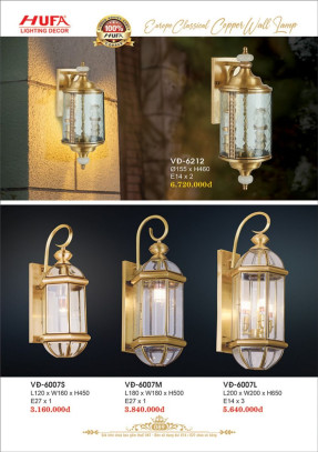 Đèn vách đồng Hufa VĐ 6007S, VĐ 6007M, VĐ 6007L, VĐ 6212