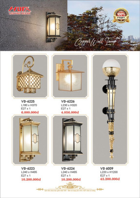 Đèn vách đồng Hufa VĐ 6223, VĐ 6224, VĐ 6225, VĐ 6226, VĐ 6009