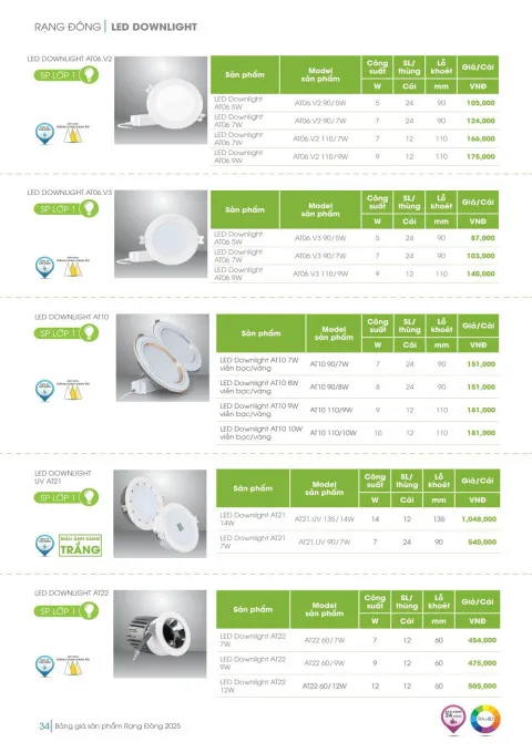 Đèn LED downlight Rạng Đông AT06.V2, AT06.V3, AT10, UV AT21, AT22 5W, 7W, 8W, 9W, 10W, 12W, 14W