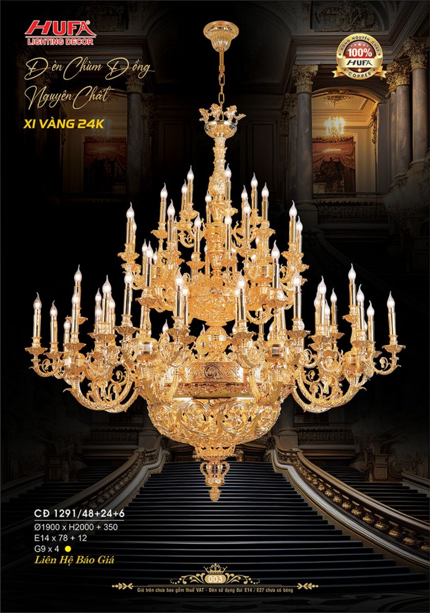 Đèn chùm đồng mạ vàng 24K Hufa CĐ 1291/48+24+6