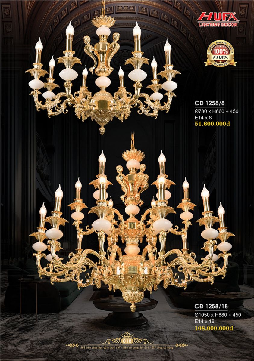 Đèn chùm đồng Hufa CĐ 1258/8, CĐ 1258/18