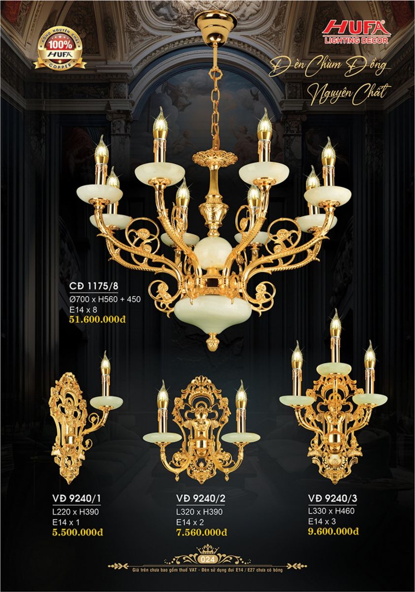 Đèn chùm đồng Hufa CĐ 1175/8, VĐ 9240/1, VĐ 9240/2, VĐ 9240/3