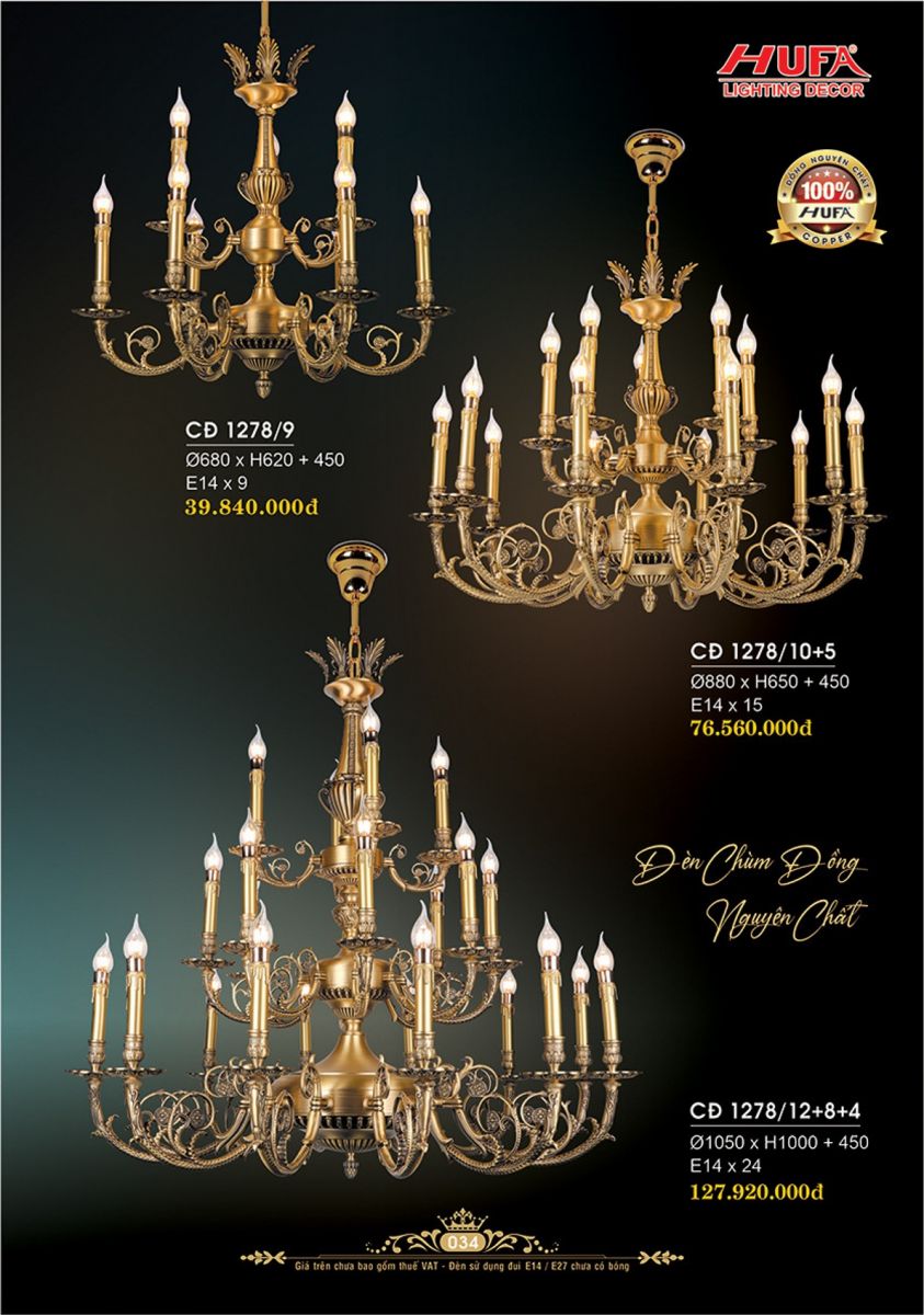 Đèn chùm đồng Hufa CĐ 1278/9, CĐ 1278/10+5, CĐ 1278/12+8+4