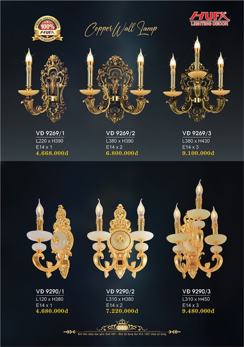 Đèn vách đồng Hufa VĐ 9269/1, VĐ 9269/2, VĐ 9269/3, VĐ 9290/1, VĐ 9290/2, VĐ 9290/3