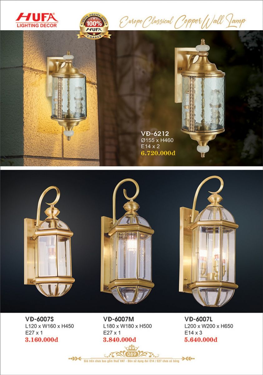 Đèn vách đồng Hufa VĐ 6007S, VĐ 6007M, VĐ 6007L, VĐ 6212