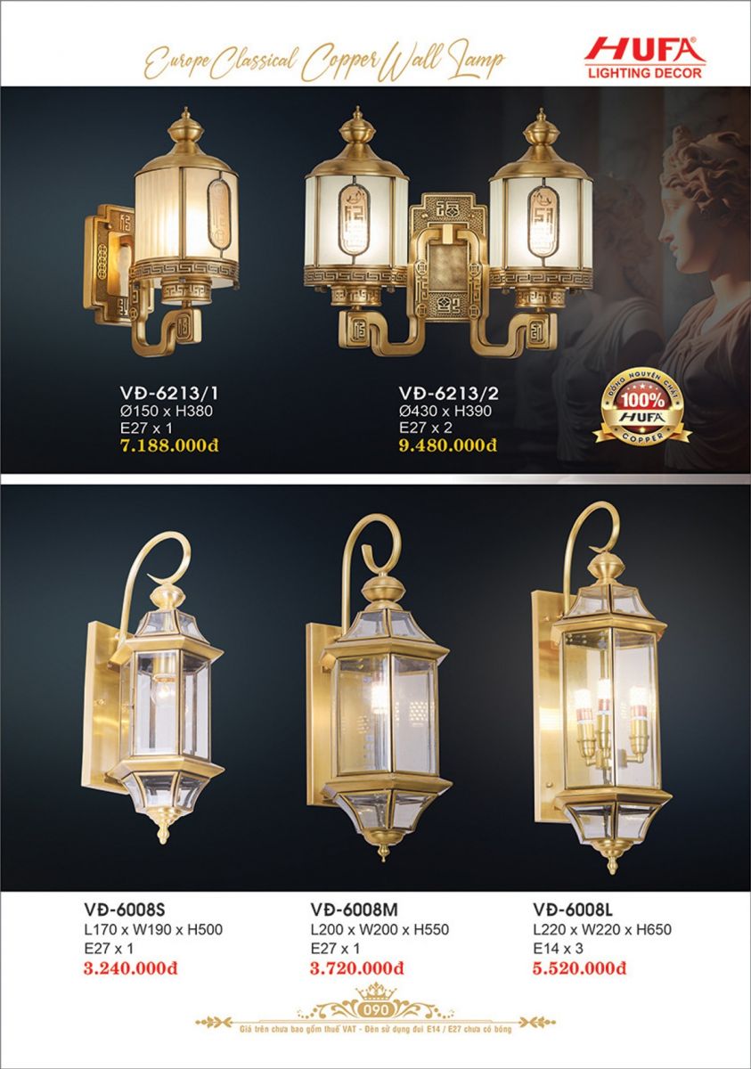 Đèn vách đồng Hufa VĐ 6008S, VĐ 6008M, VĐ 6008L, VĐ 6213/1, VĐ 6213/2