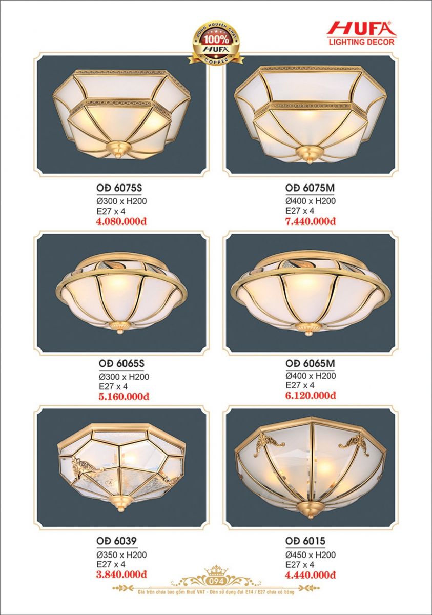Đèn ốp trần đồng Hufa OĐ 6039, OĐ 6015, OĐ 6065S, OĐ 6065M, OĐ 6075S, OĐ 6075M