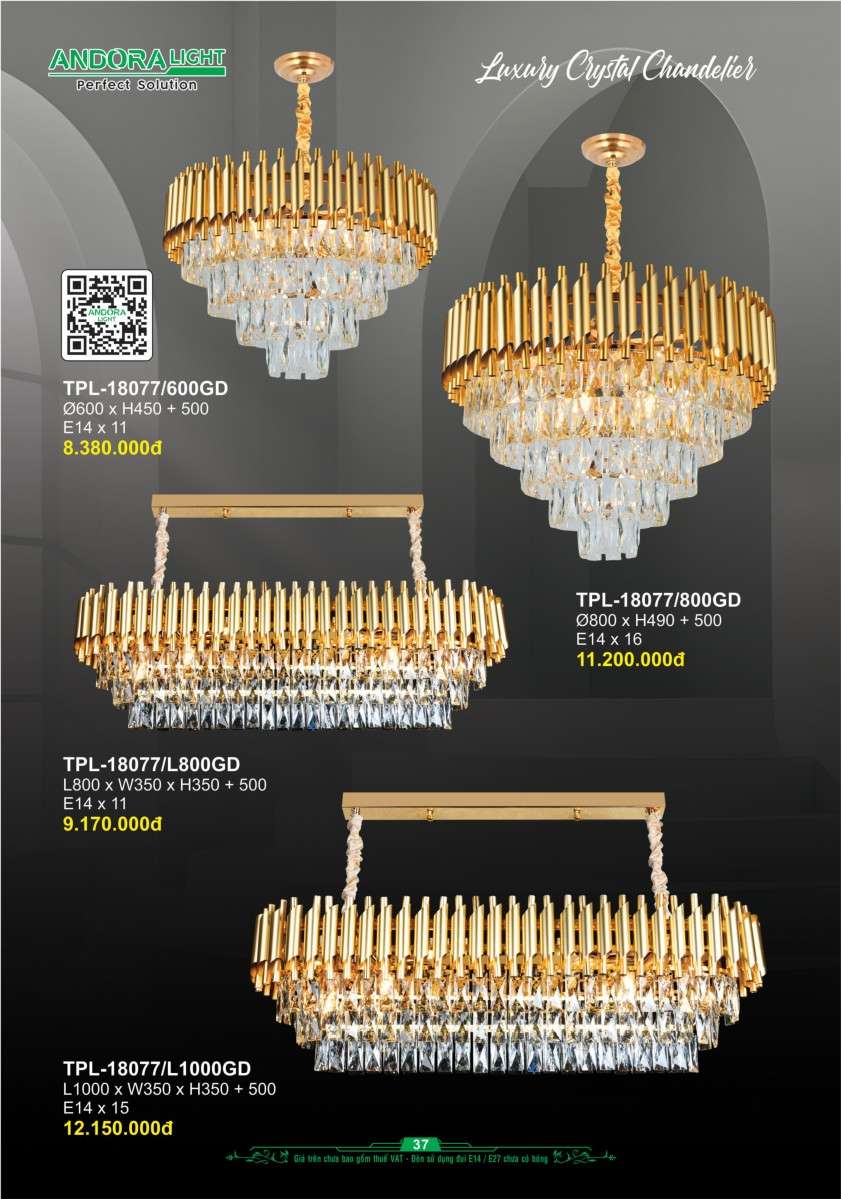 Đèn chùm Andora Light TPL-18077/L1000GD, TPL-18077/L800GD, TPL-18077/600GD, TPL-18077/800GD