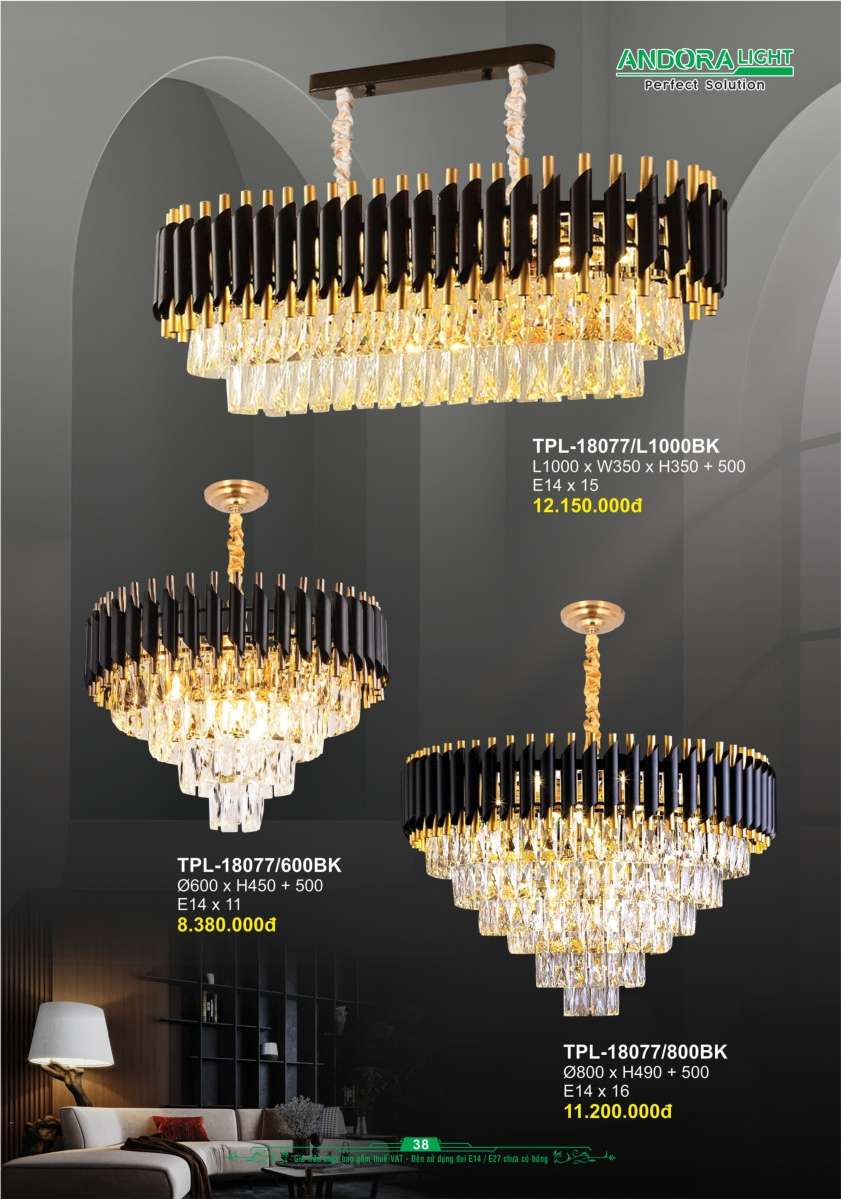 Đèn chùm Andora Light TPL-18077/L1000BK, TPL-18077/600BK, TPL-18077/800BK