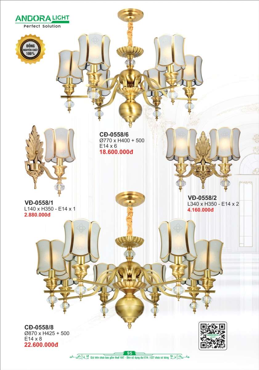 Đèn chùm đồng nguyên chất Andora Light CĐ-0558/6, CĐ-0558/8, VĐ-0558/1, VĐ-0558/2