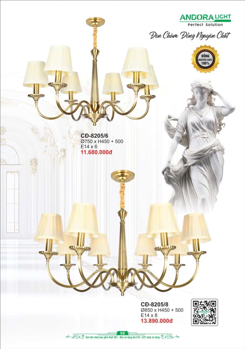 Đèn chùm đồng nguyên chất Andora Light CĐ-8205/6, CĐ-8205/8