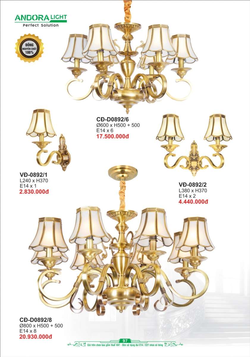 Đèn chùm đồng nguyên chất Andora Light CĐ-D0892/6, CĐ-D0892/8, VĐ-0892/1, VĐ-0892/2