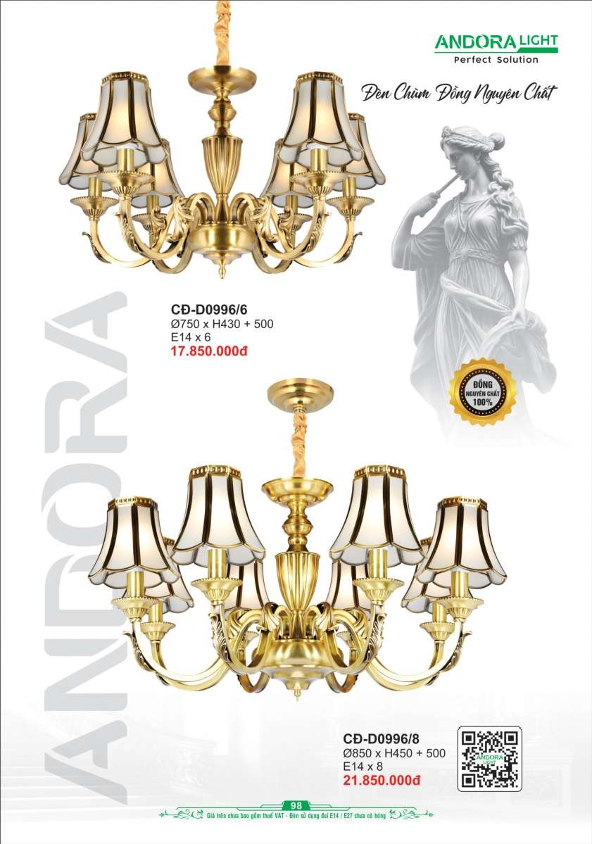 Đèn chùm đồng nguyên chất Andora Light CĐ-D0996/6, CĐ-D0996/8