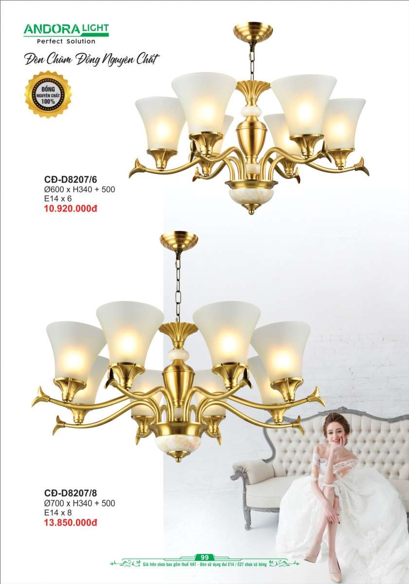 Đèn chùm đồng nguyên chất Andora Light CĐ-D8207/6, CĐ-D8207/8