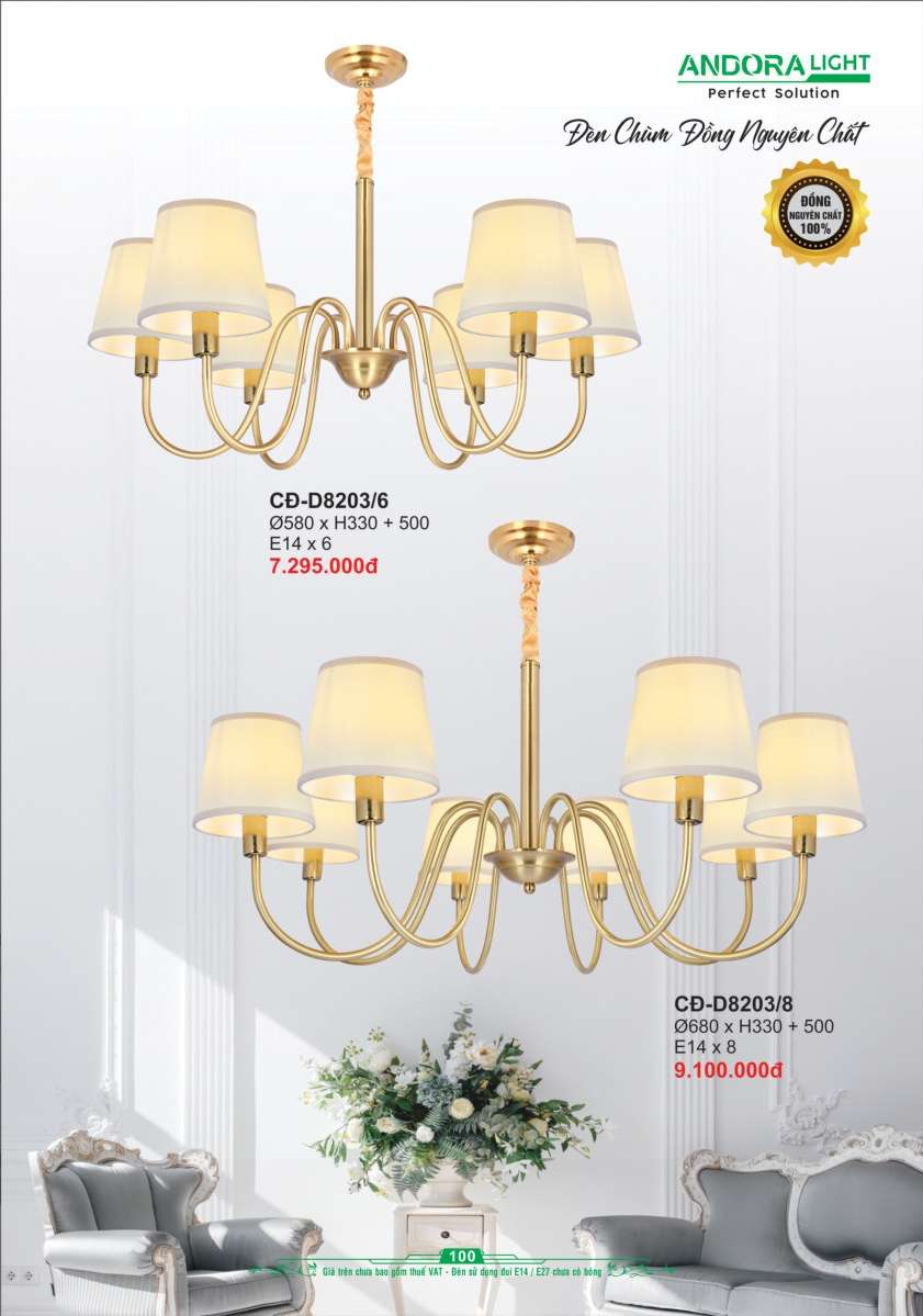 Đèn chùm đồng nguyên chất Andora Light CĐ-D8203/6, CĐ-D8203/8
