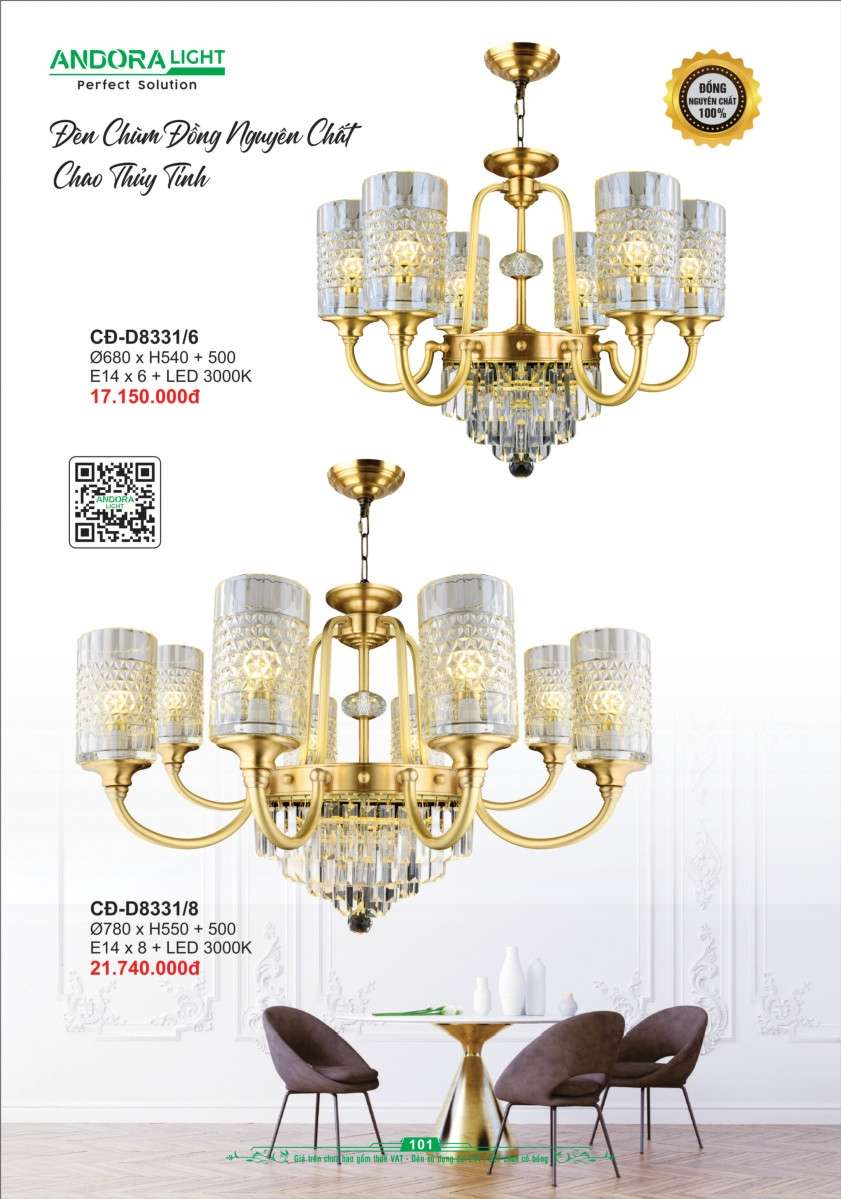 Đèn chùm đồng nguyên chất Andora Light CĐ-D8331/6, CĐ-D8331/8
