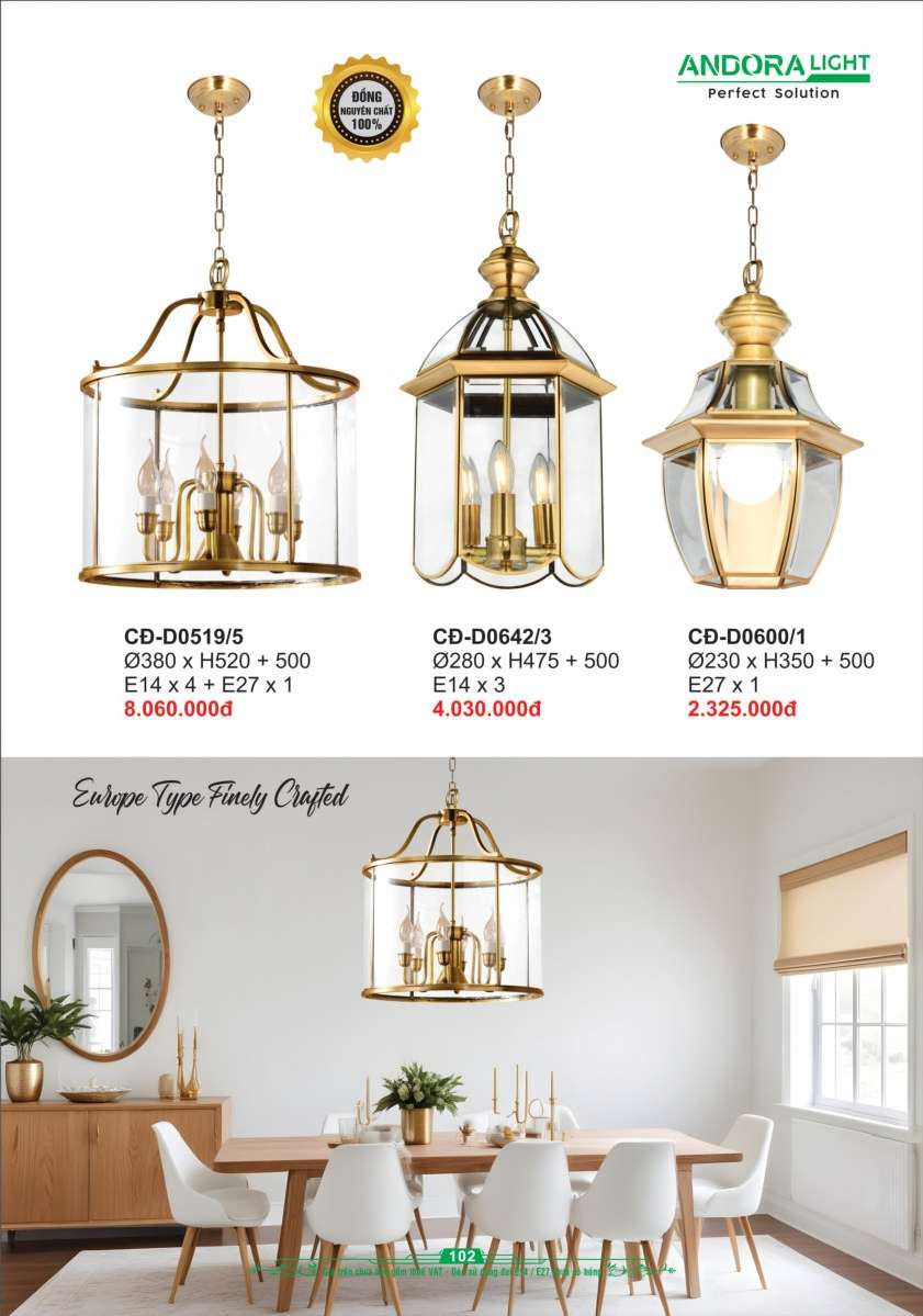 Đèn thả đồng nguyên chất Andora Light CĐ-D0519/5, CĐ-D0642/3, CĐ-D0600/1