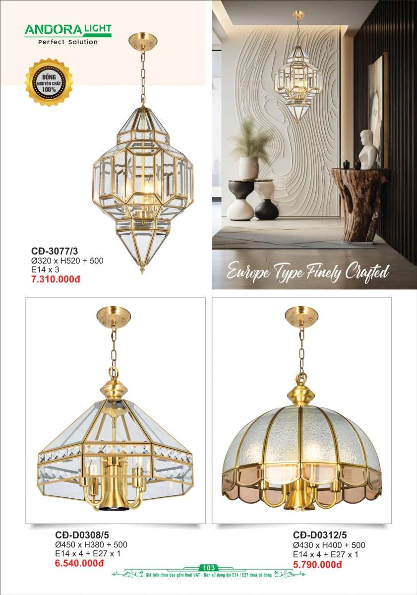 Đèn thả đồng nguyên chất Andora Light CĐ-3077/3, CĐ-D0308/5, CĐ-D0312/5