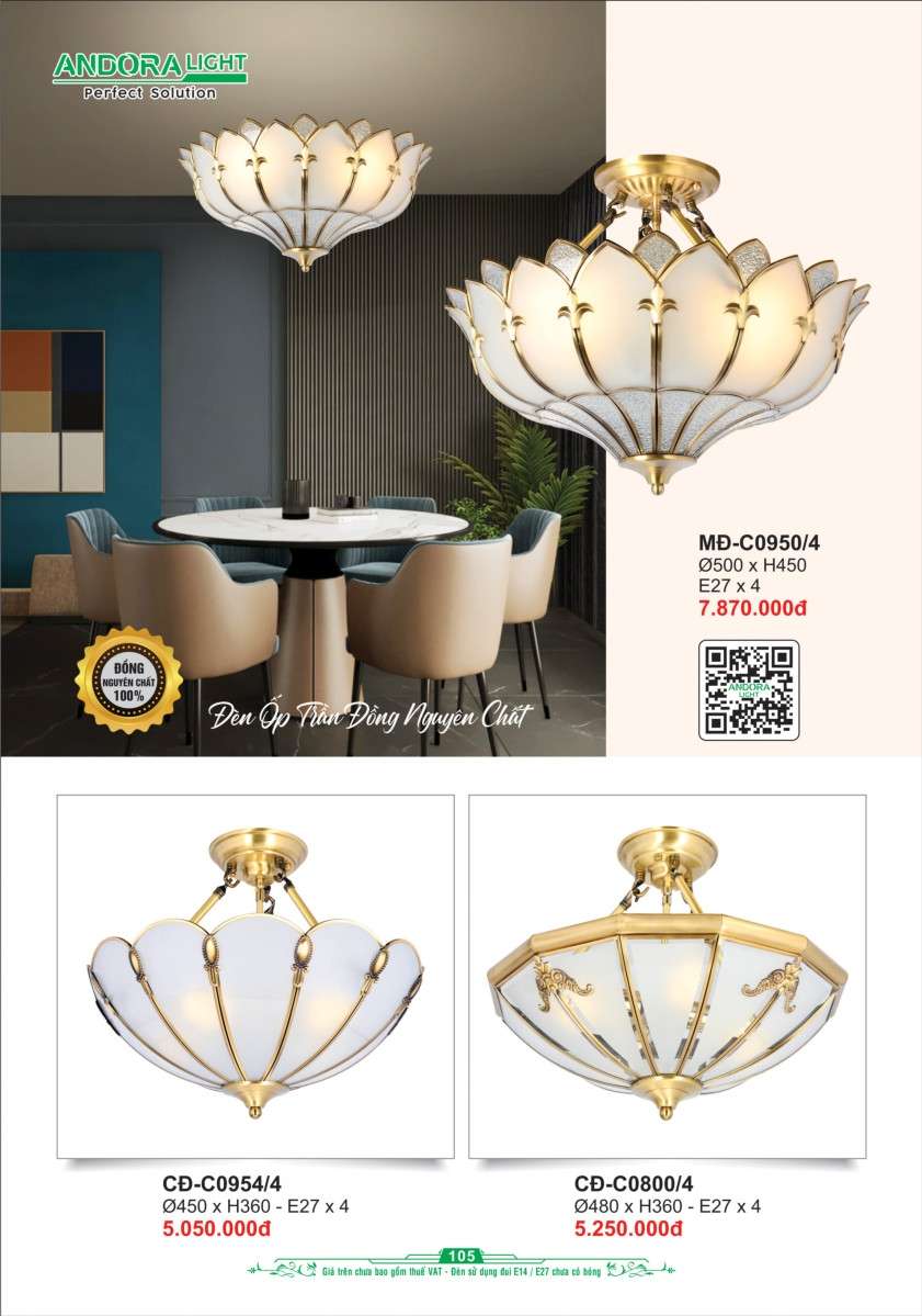 Đèn thả đồng nguyên chất Andora Light MĐ-C0950/4, CĐ-C0954/4, CĐ-C0800/4