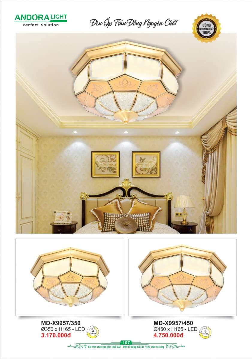 Đèn ốp trần đồng nguyên chất Andora Light MĐ-X9957/350, MĐ-X9957/450