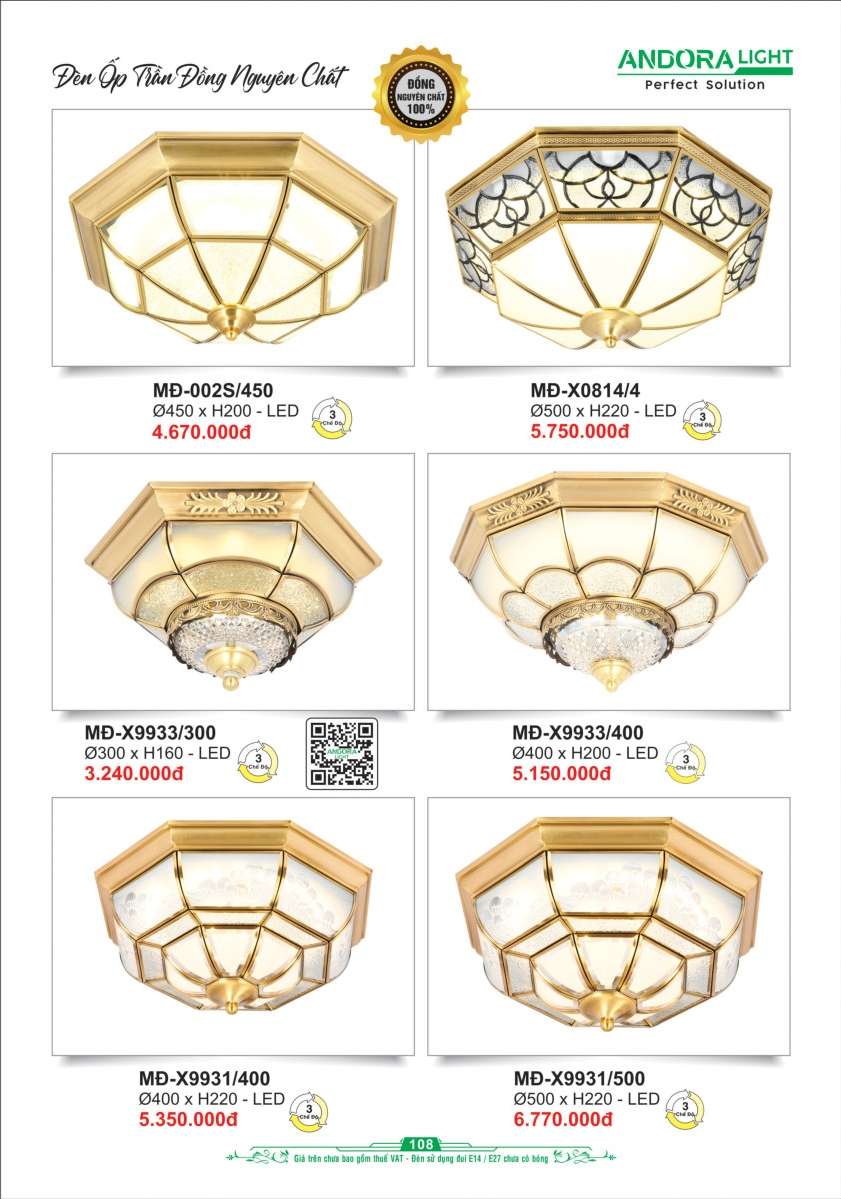 Đèn ốp trần đồng nguyên chất Andora Light MĐ-002S/450, MĐ-X0814/4, MĐ-X9933/300, MĐ-X9933/400, MĐ-X9931/400, MĐ-X9931/500