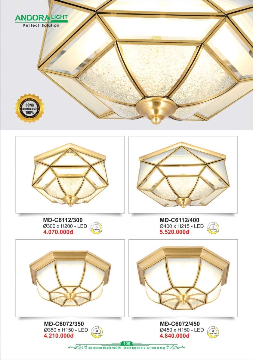Đèn ốp trần đồng nguyên chất Andora Light MĐ-C6112/300, MĐ-C6112/400, MĐ-C6072/350, MĐ-6072/450
