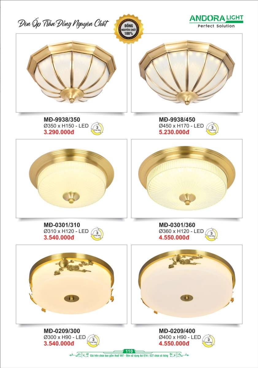 Đèn ốp trần đồng nguyên chất Andora Light MĐ-9938/350, MĐ-9938/450, MĐ-0301/310, MĐ-0301/360, MĐ-0209/300, MĐ-0209/400
