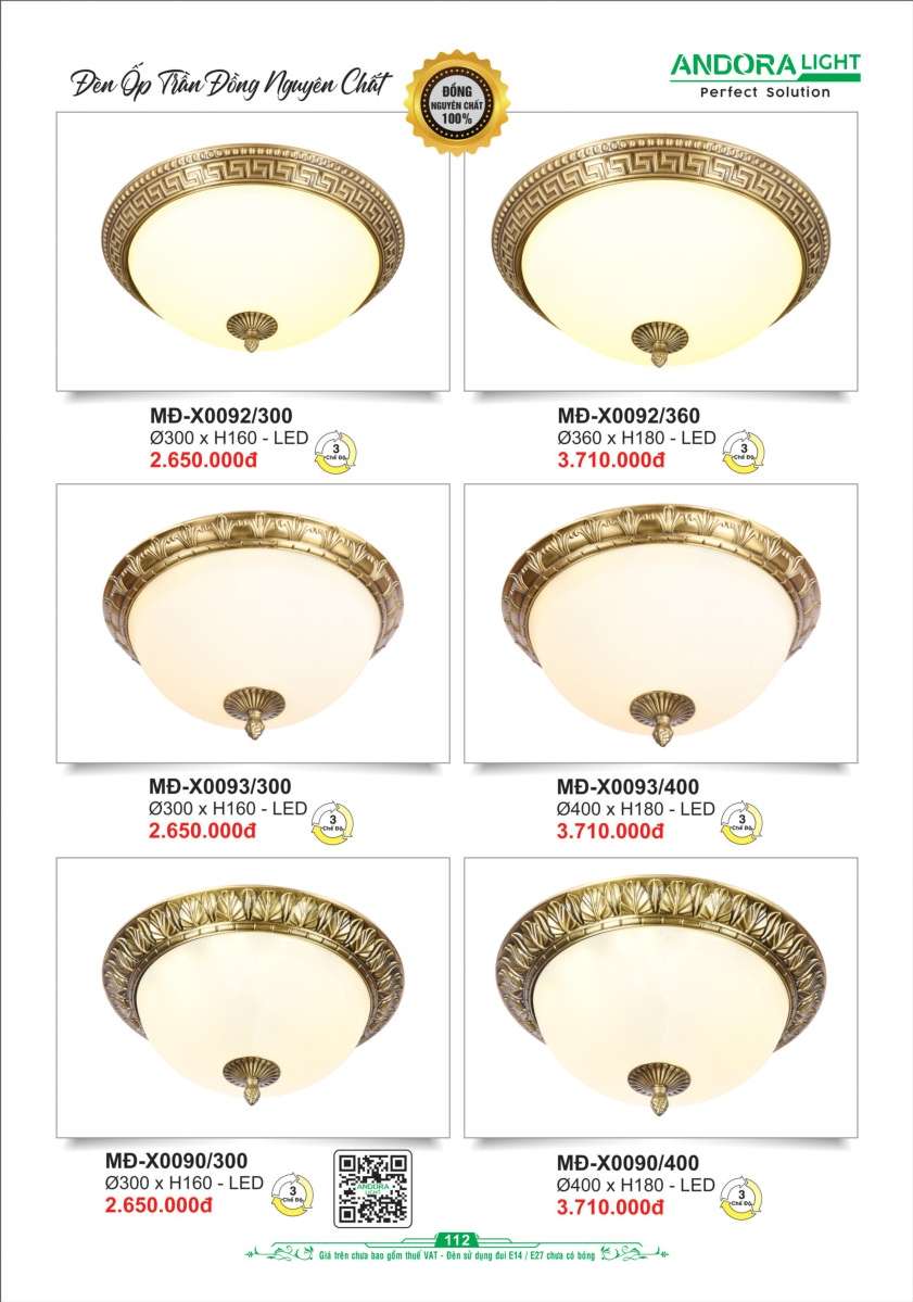 Đèn ốp trần đồng nguyên chất Andora Light MĐ-X0092/300, MĐ-X0092/360, MĐ-X0093/300, MĐ-X0093/400, MĐ-X0090/300, MĐ-X0090/400