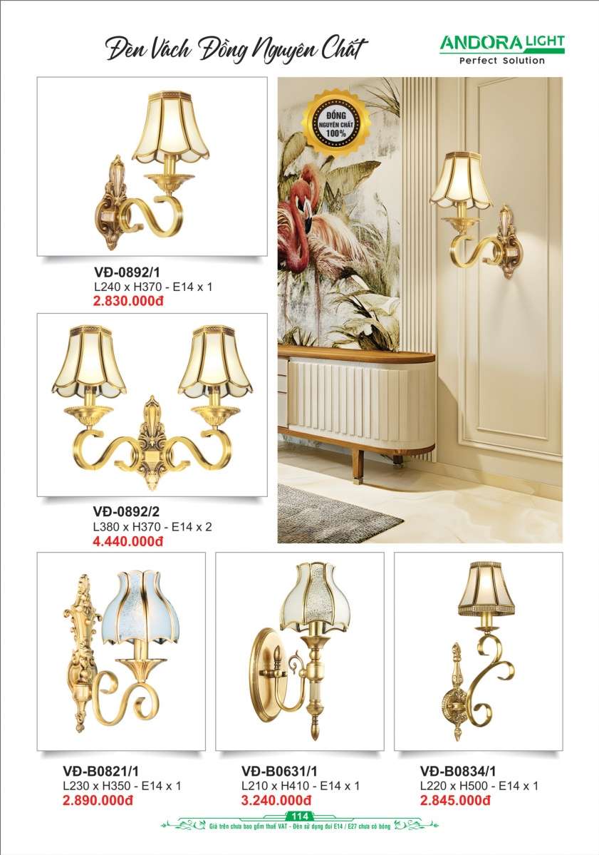 Đèn vách đồng nguyên chất Andora Light VĐ-0892/1, VĐ-0892/2, VĐ-B0821/1, VĐ-B0631/1, VĐ-B0834/1