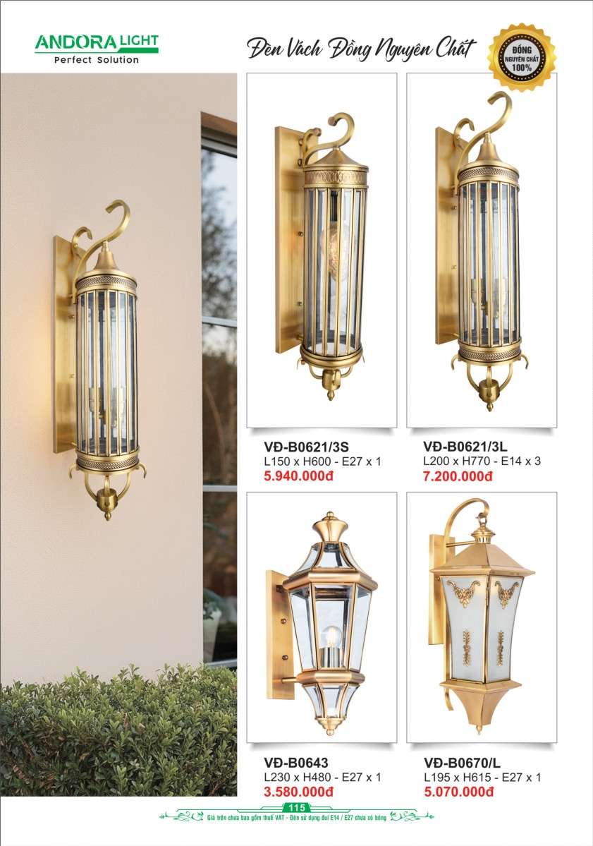 Đèn vách đồng nguyên chất Andora Light VĐ-B0621/3S, VĐ-B0621/3L, VĐ-B0643, VĐ-B0670/L