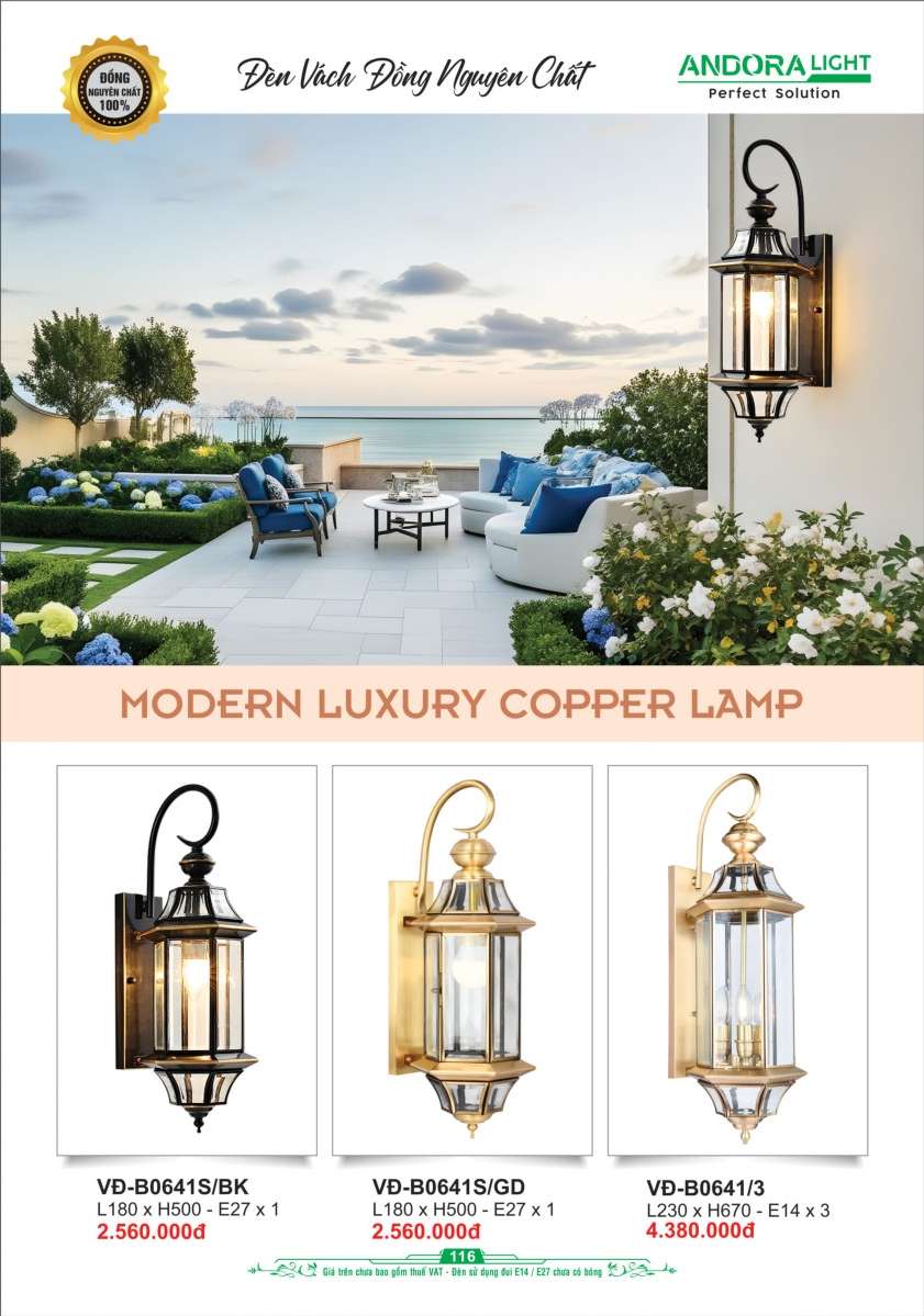 Đèn vách đồng nguyên chất Andora Light VĐ-B0641S/BK, VĐ-B0641S/GD, VĐ-B0641/3