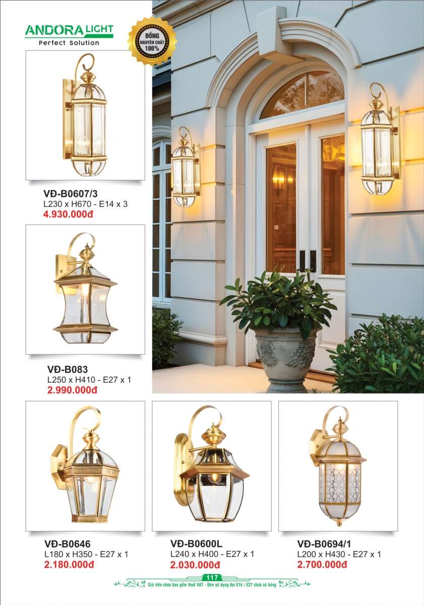 Đèn vách đồng nguyên chất Andora Light VĐ-B0607/3, VĐ-B083, VĐ-B0646, VĐ-B0600L, VĐ-B0694/1